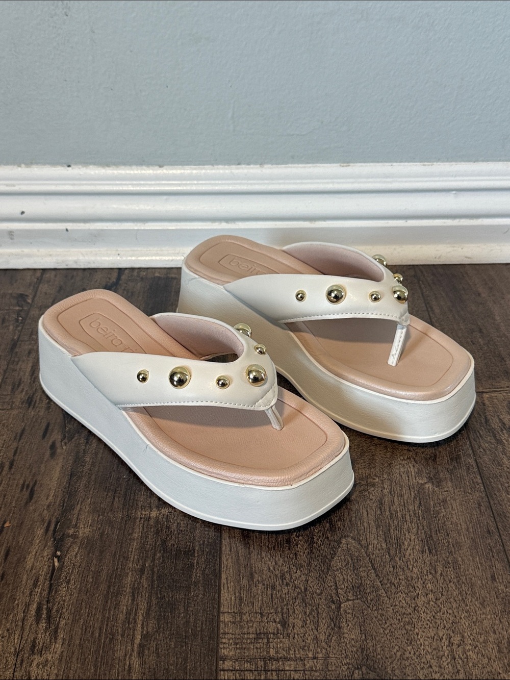 White Platform Thong Sandals with Blush Footbed and Gold Studs